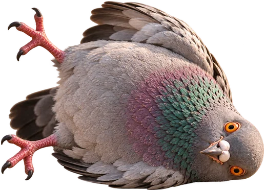 The pigeon lying on her back with her feet in the air after falling over