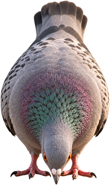The pigeon bent over with her head down, pecking at the ground between her feet