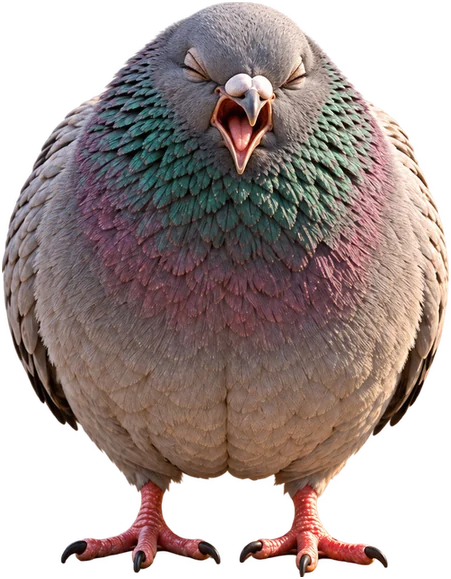The pigeon flinching after a poke on the head, eyes squeezed shut and beak open mid-squawk
