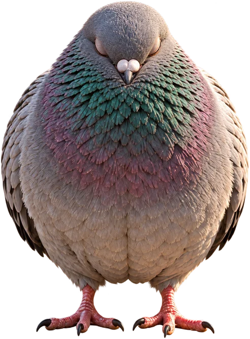 The pigeon asleep standing up, eyes closed and head sunk into her feathers